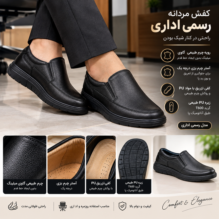 کفش طبی اداری مردانه تمام چرم طبیعی / کد 230